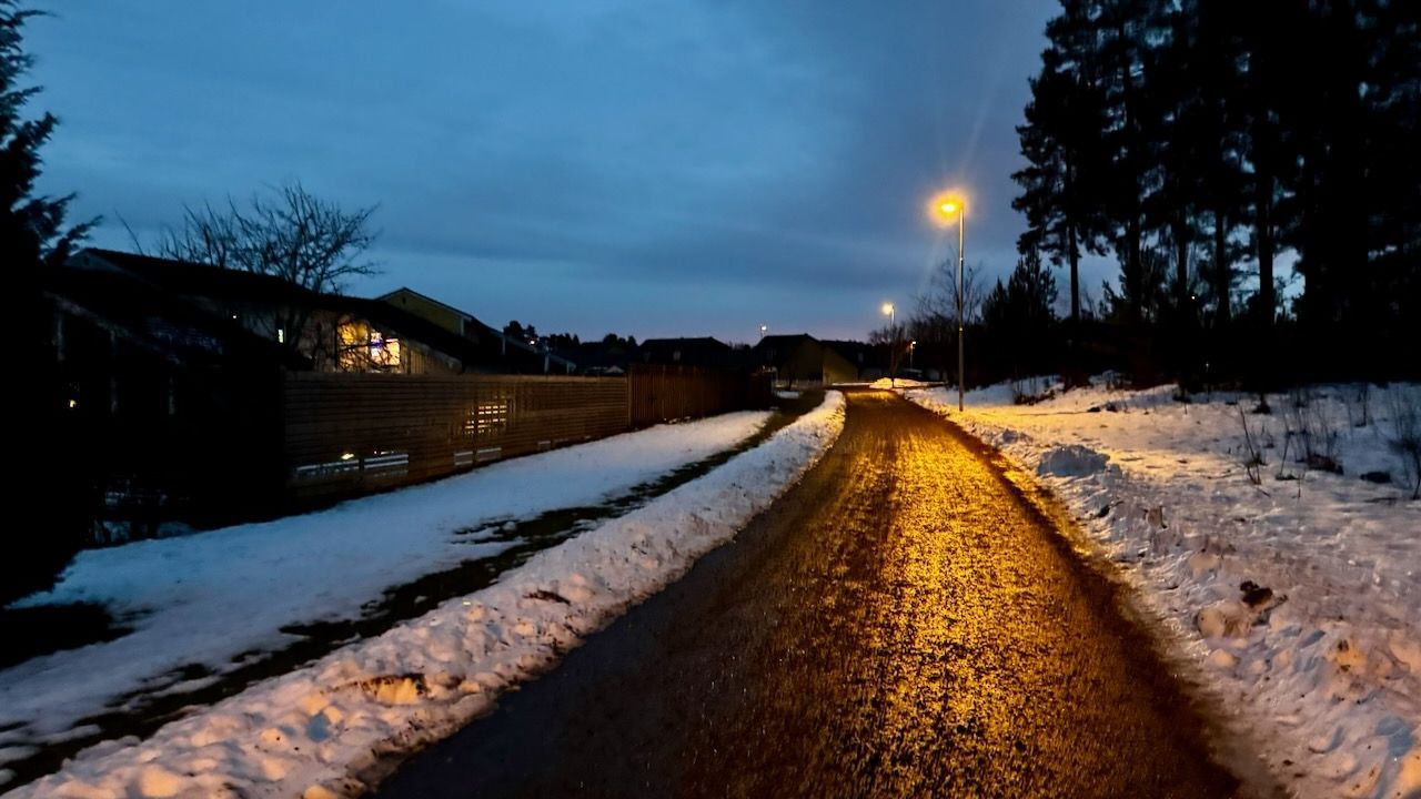 Walking home at dusk on a Swedish winter evening